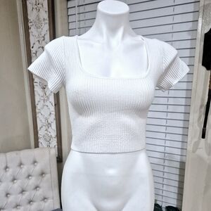 White Ribbed Knit Crop Top